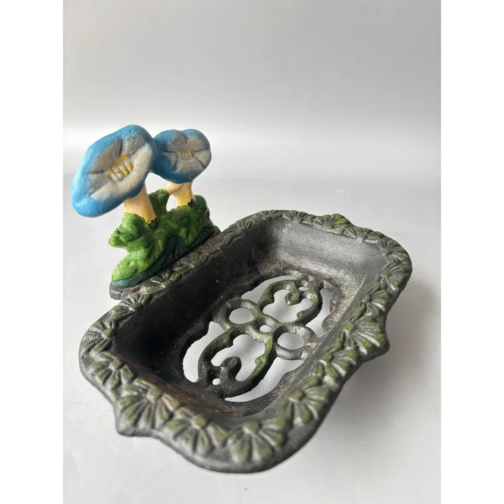 Vintage Cast Iron Soap Dish Blue Morning Glory Flower Hand Painted Rustic Metal